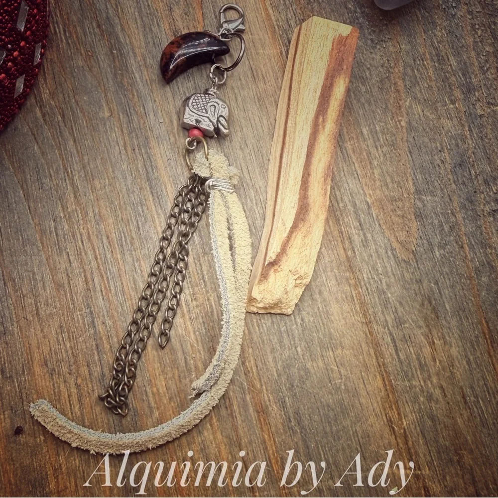 Boho Elephant Charm Keychain with Leather Tassel MAHOGANY JASPER CRESCENT 🌙